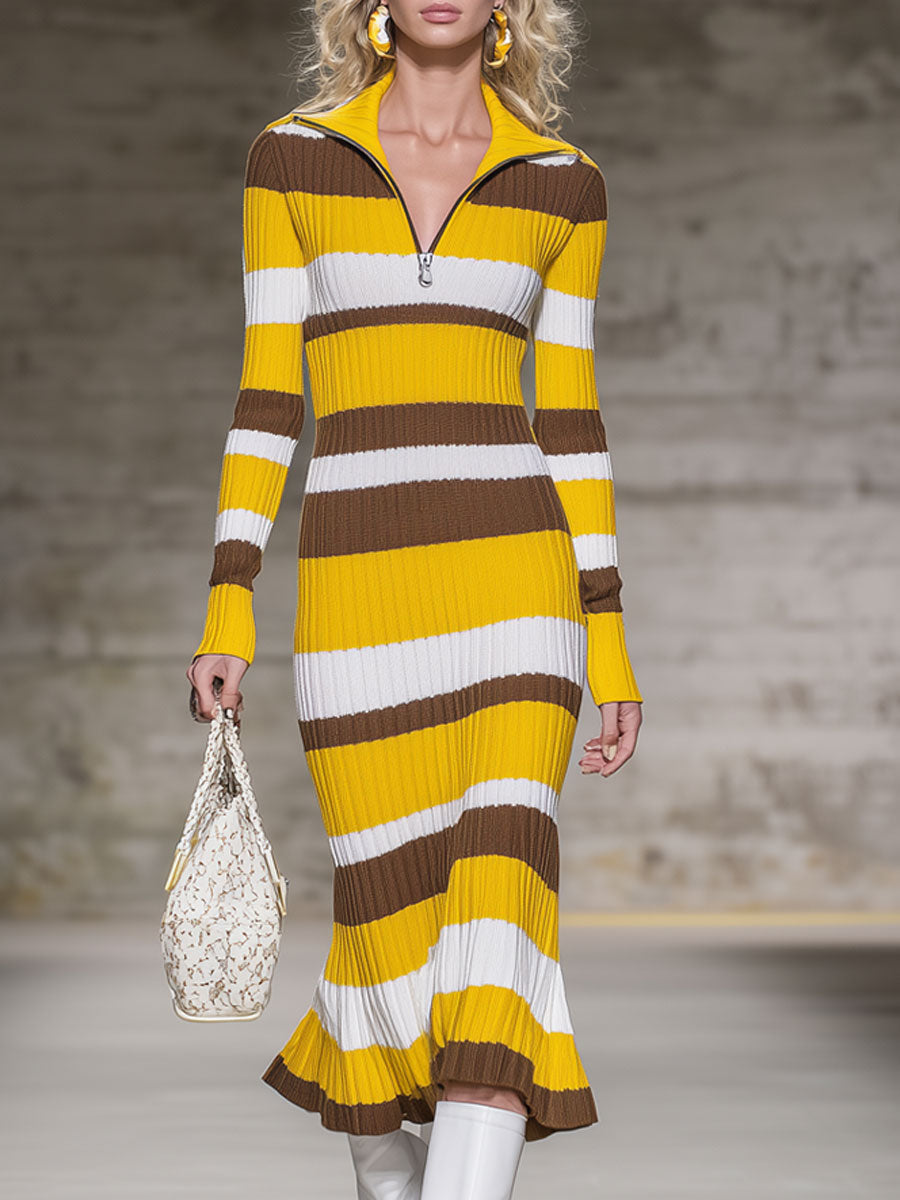 Robe Midi Tricotée à Rayures Rétro avec Fermeture Éclair