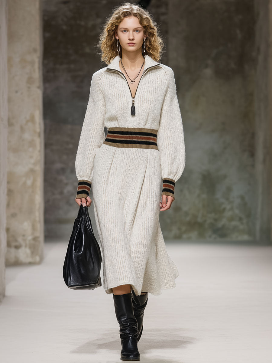 Robe Midi Tricotée Blanche à Rayures Vintage - Style Décontracté