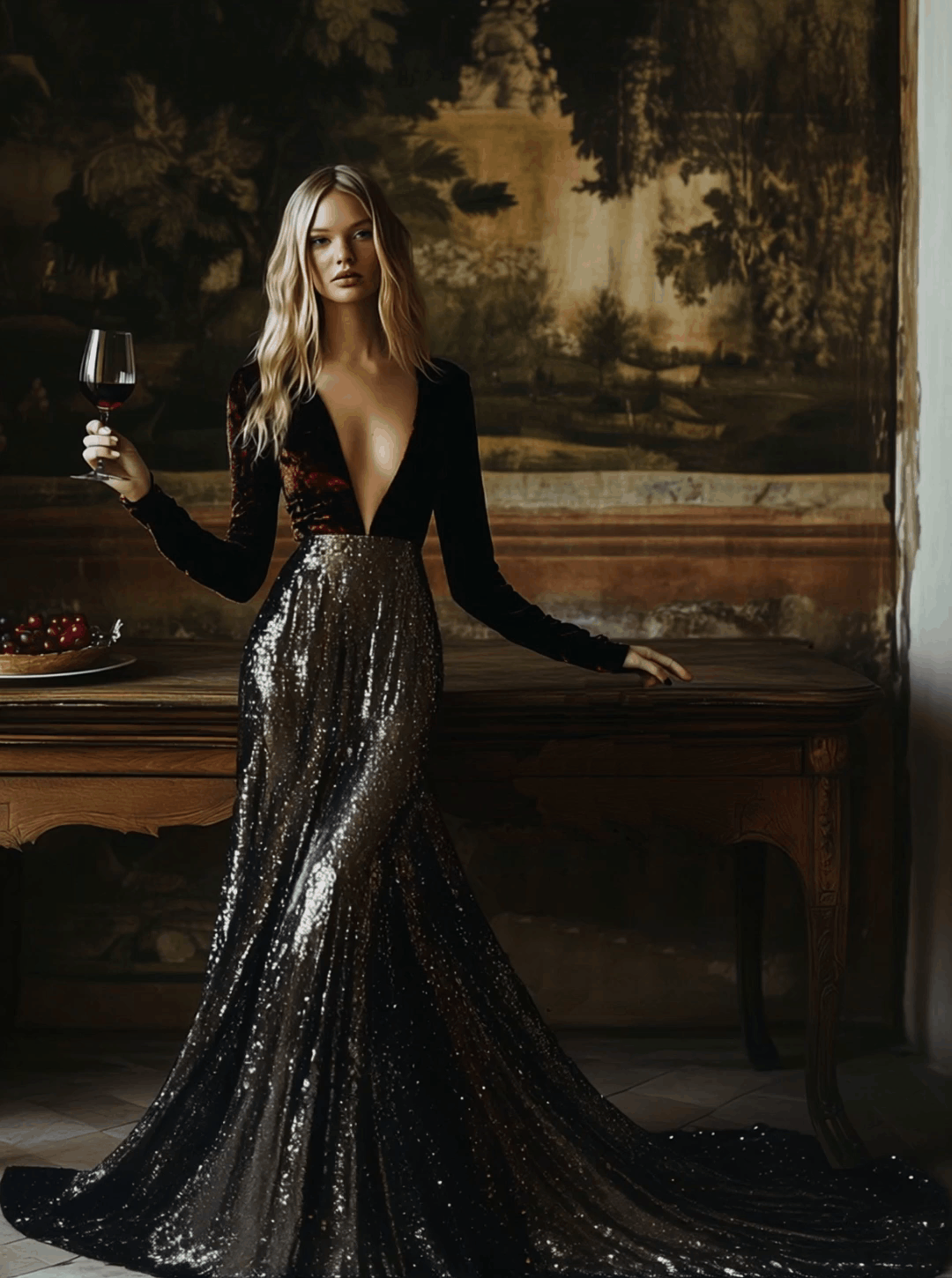 Robe Maxi Élégante en Velours à Sequins - Décolleté en V, Expédition Rapide sous 24 Heures