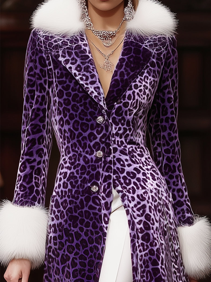 Long Velvet Leopard Print Coat in Purple with Luxurious Faux Rabbit Fur