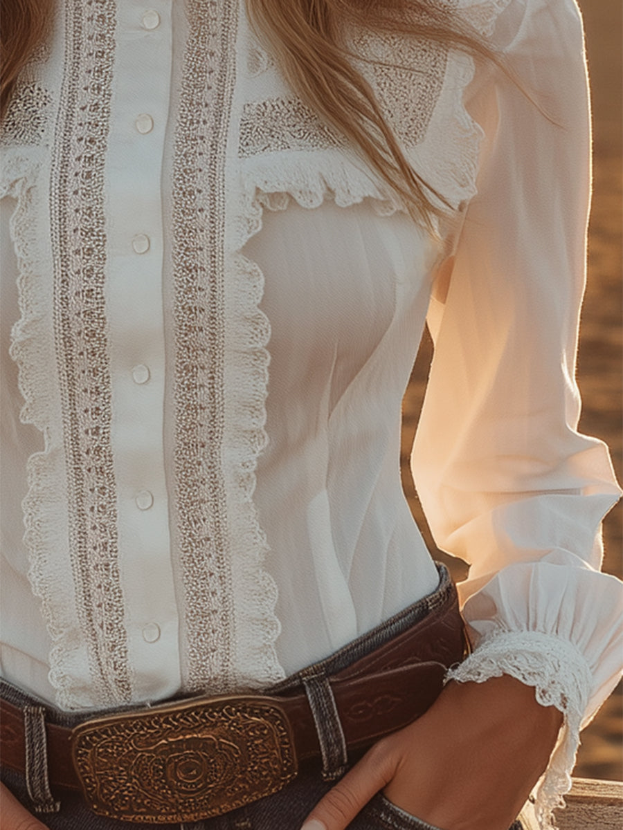 Chemise Blanche à Boutons en Dentelle - Style Western, Expédition Rapide en 24 Heures !