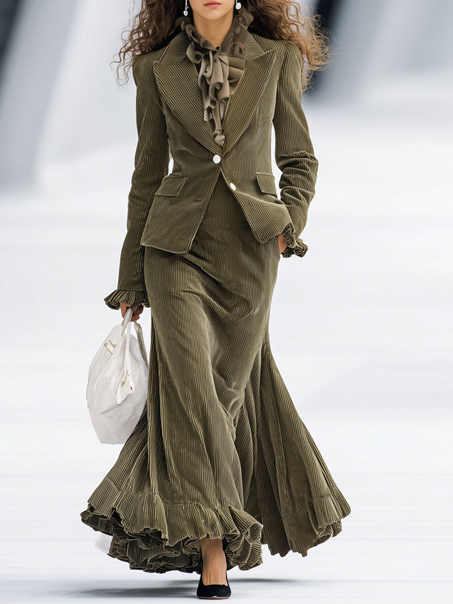 Blazer Élégant à Revers et Manches Volantes avec Jupe Assortie