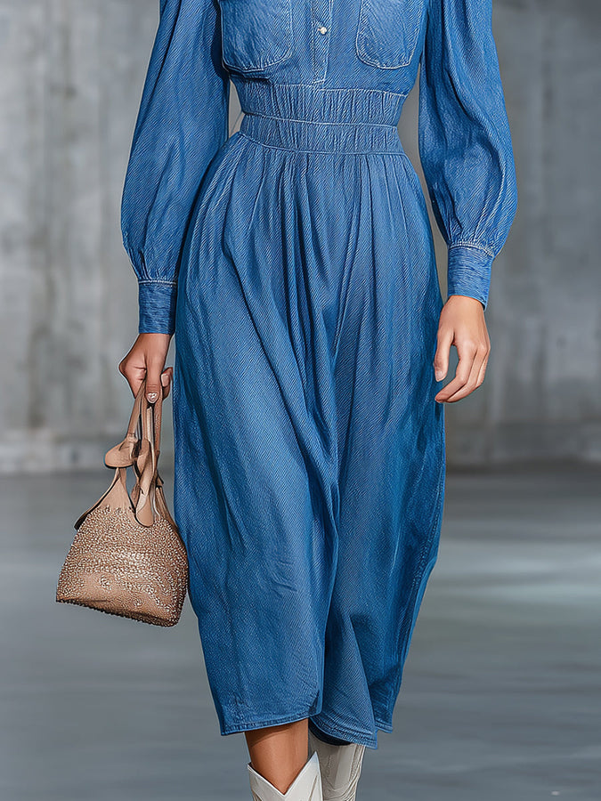 Robe Midi en Denim avec Col Rond Élastique et Manches Amples