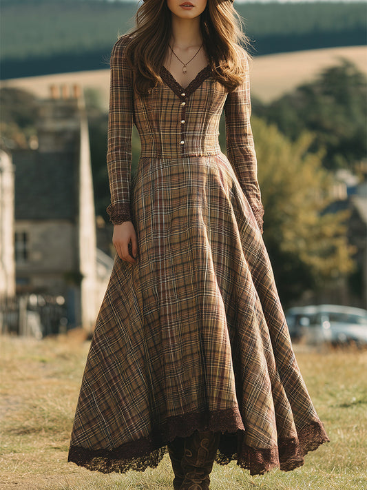 Robe Maxi V-Neck en Dentelle à Motif Carreaux Marron