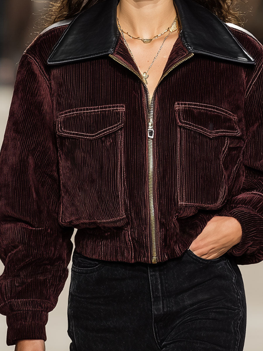 Veste zippée en simili cuir avec col carré et poches en velours côtelé