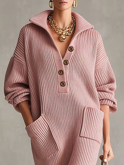 Robe Midi Tricotée à Col Montant Décontracté avec Poches Doubles