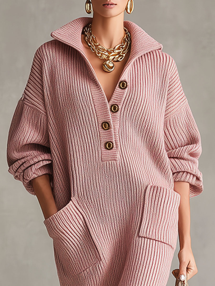 Robe Midi Tricotée à Col Montant, Demi-Ouvert et Poches Pratiques