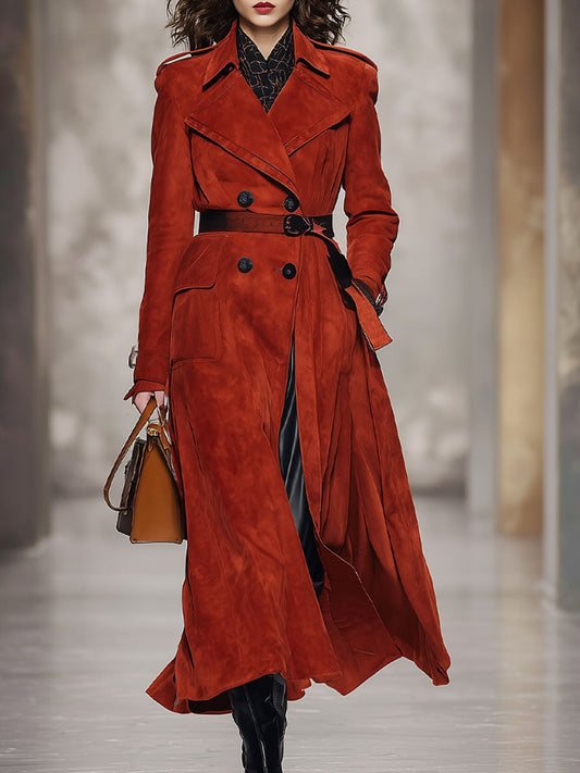 Trench en faux suède à double boutonnage avec poches doubles et silhouette oversized