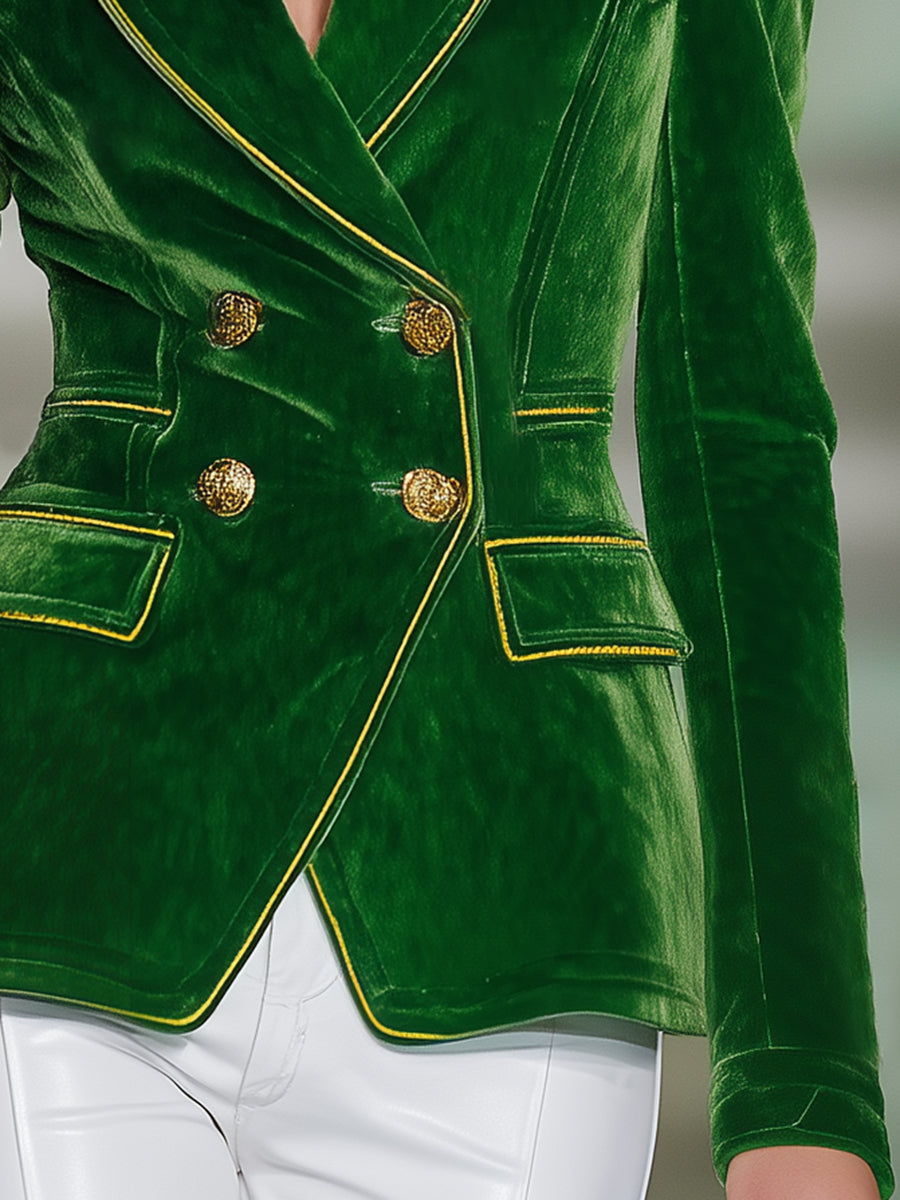 Veste en Velours Vert Éclatante avec Boutons en Toile Dorée