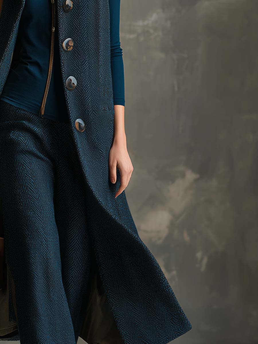 Élégant Gilet Long en Herringbone Bleu Vintage