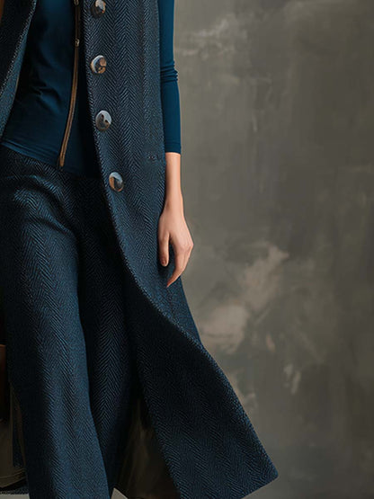 Élégant Gilet Long en Herringbone Bleu Vintage