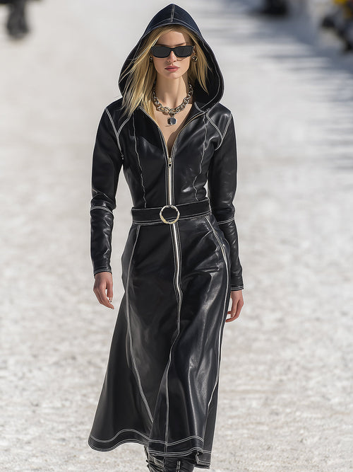 Robe Maxi à Capuche en Similicuir Noir avec Élégantes Surpiqûres Rétro