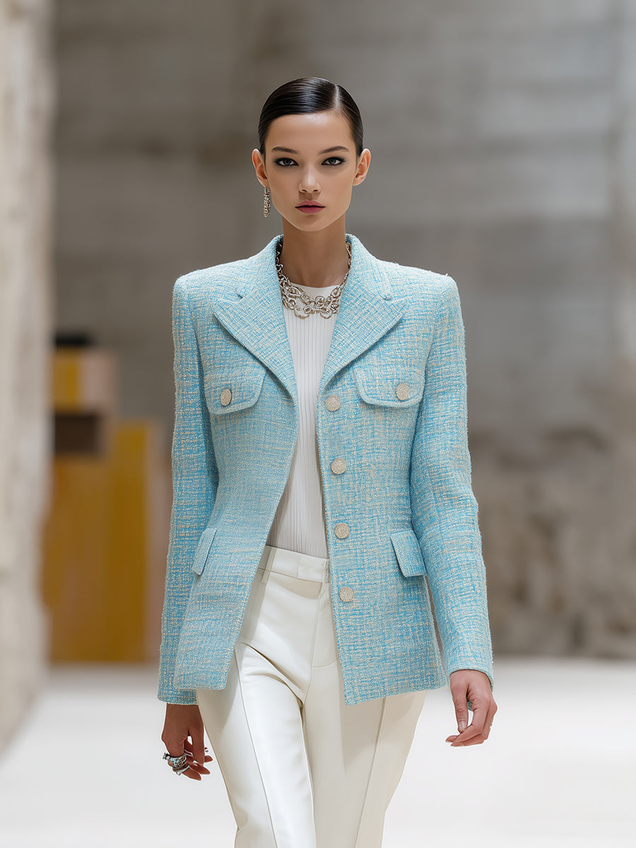 Veste en Tweed Bleu Élégante avec Poches à Boutons Argentés