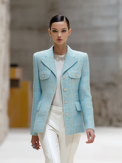 Veste en Tweed Bleu Élégante avec Poches à Boutons Argentés