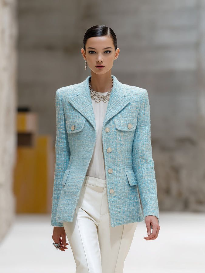 Veste en Tweed Bleu Élégante avec Poches à Boutons Argentés