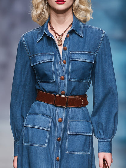Robe Midi en Jean Vintage Décontractée avec Poches Pratiques et Col Boutonné