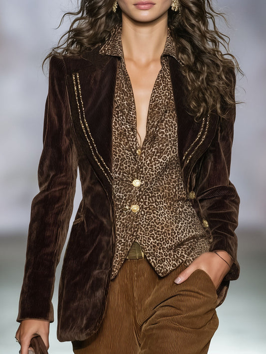 Blazer Vintage en Velours Côtelé avec Détails Dorés