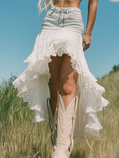 Jupe en denim patchwork avec dentelle : élégance romantique, courte devant et longue derrière - Expédition rapide sous 24 heures