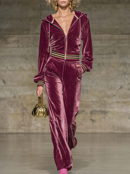 Ensemble Chic en Velours Rouge Bourgogne : Sweat à Capuche zippé et Pantalon Vintage