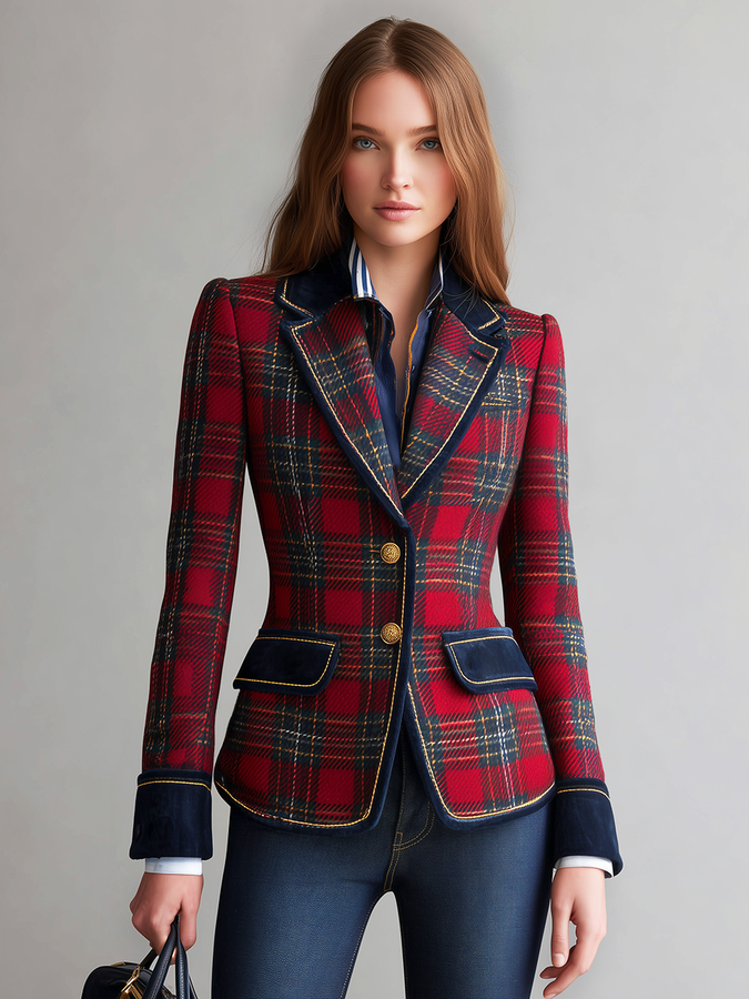 Veste Vintage à Carreaux Classique à Boutonnage Unique
