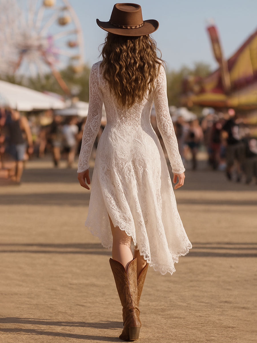 Robe Midi Chic Rétro en Dentelle Blanche à Manches Longues avec Fente Élégante