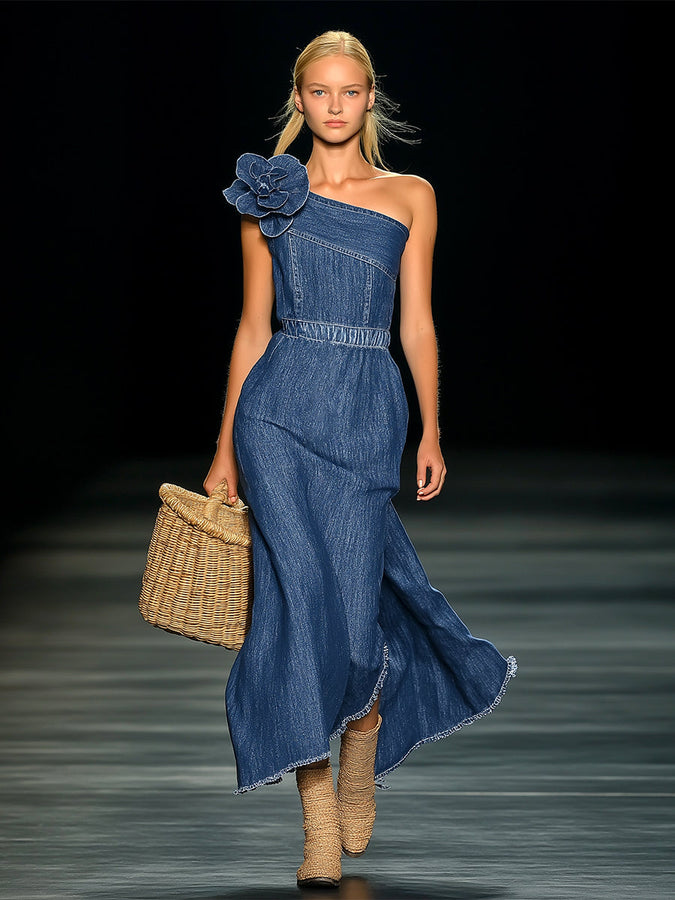 Robe Maxi en Jean Élégante sans Épaules avec Fleurs 3D - Expédition Rapide en 24 Heures!