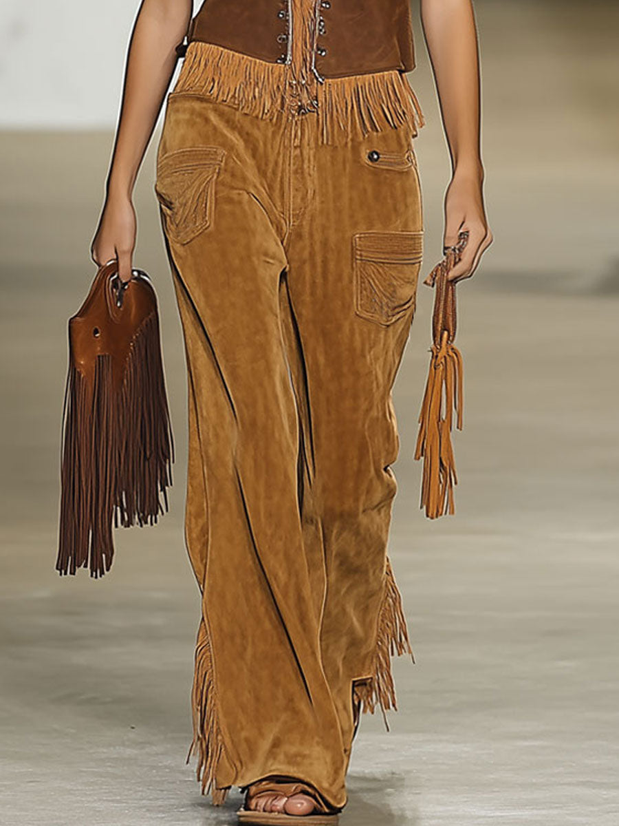 【Expédition en 24h】Pantalons Vintage en Suède Caramel avec Rivets et Franges