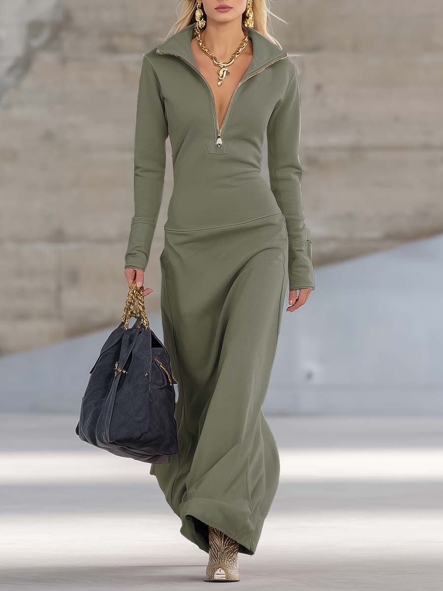 Robe Maxi Élégante Rose Rétro Sportive à Col V avec Fermeture Éclair et Manches Longues