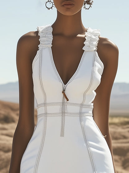 Robe Mini en Denim Blanc avec Zip et Volants - Expédition Rapide en 24 Heures !