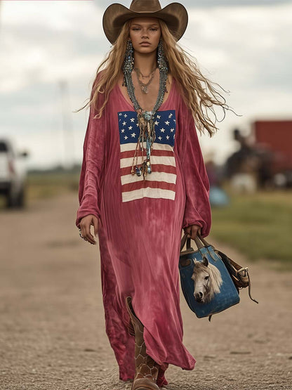 Robe Maxi Décontractée en Coton Rose avec Imprimé Drapeau Vintage - Livraison en 24 Heures