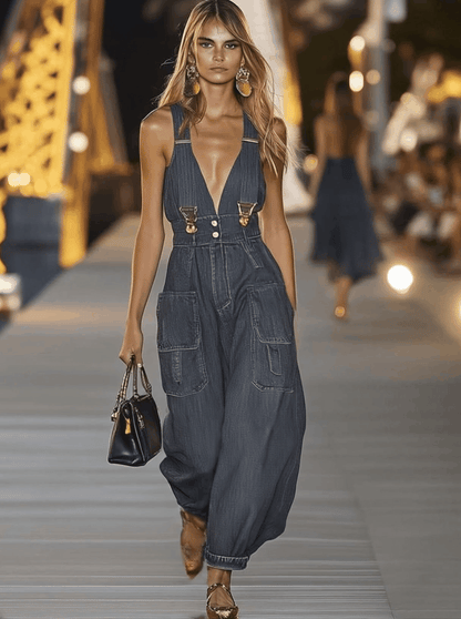 【Expédition rapide en 24h】Salopette en denim décontractée à décolleté en V - Tendance et stylée !