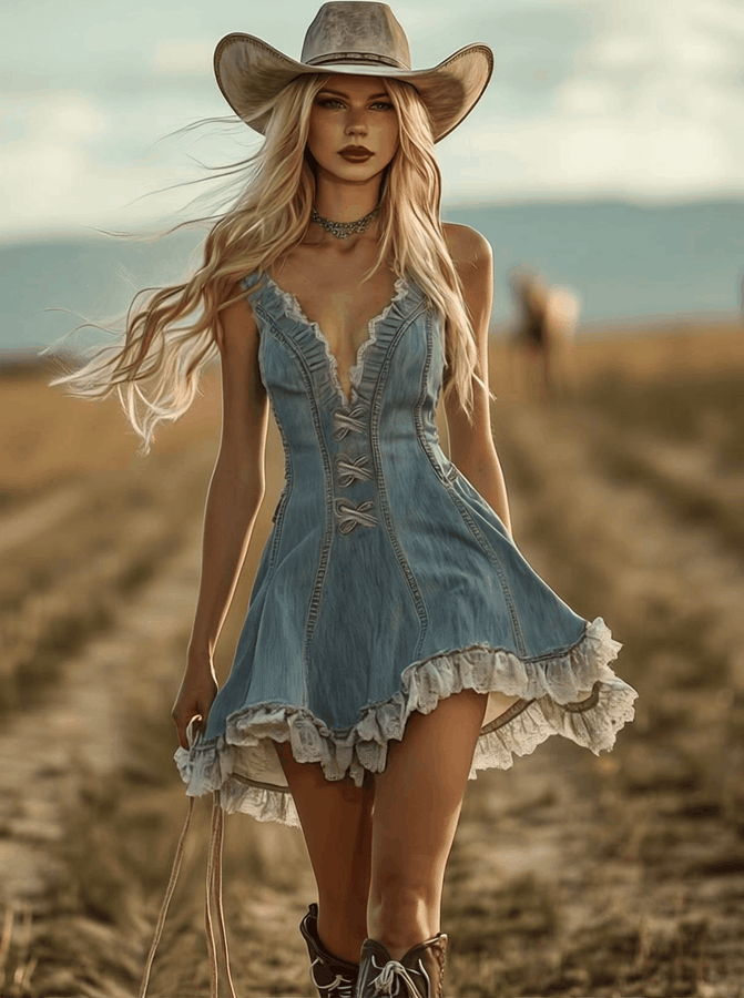 Robe Mini en Jean Bleu Clair avec Détails en Dentelle et Décolleté en V - Expédition Rapide sous 24 Heures !