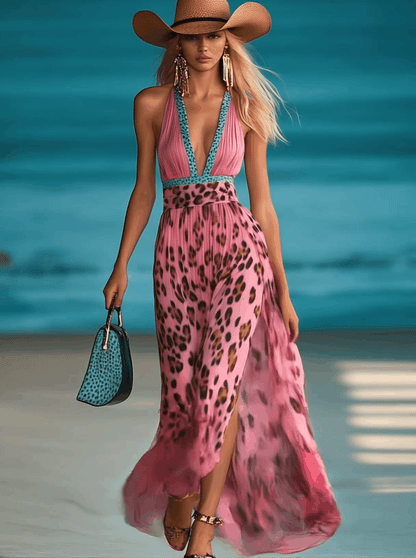 Robe Maxi Fendue en Chiffon Rose à Imprimé Léopard - Col V Chic et Rétro, Expédition Rapide sous 24h