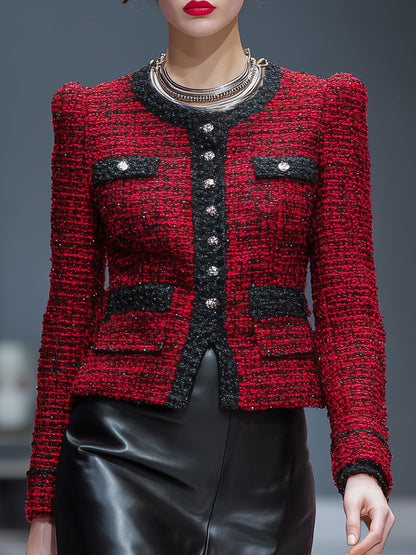 Veste Rouge en Tweed avec Détails en Sangle Noire