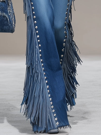 Jean Évasé Bleu Western avec Franges Latérales et Détails en Rivets