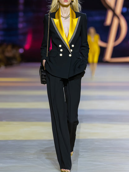 Éblouissant Costume Noir Moderne avec Col Contrasté et Double Boutonnage