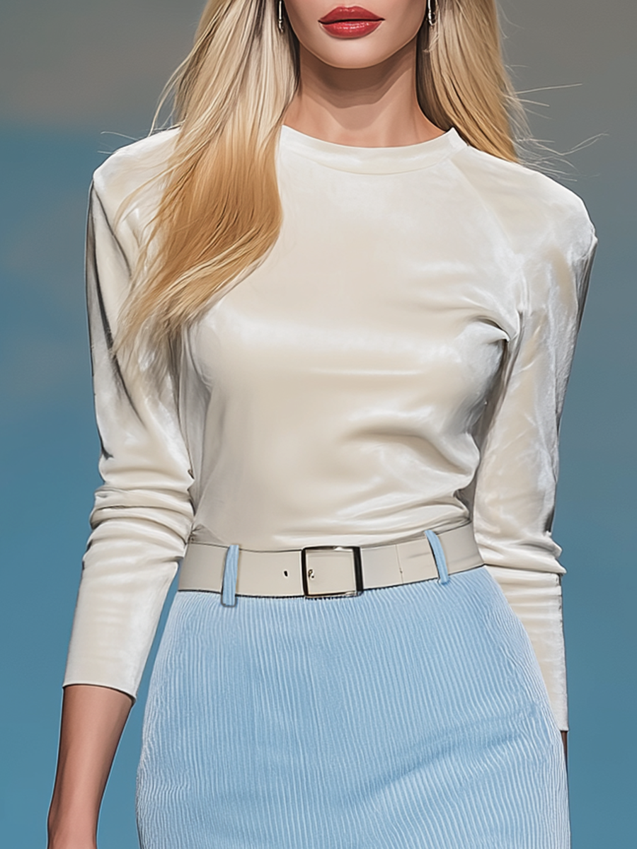 Ensemble Vintage en Velours : T-shirt à Col Rond et Jupe Côtelée