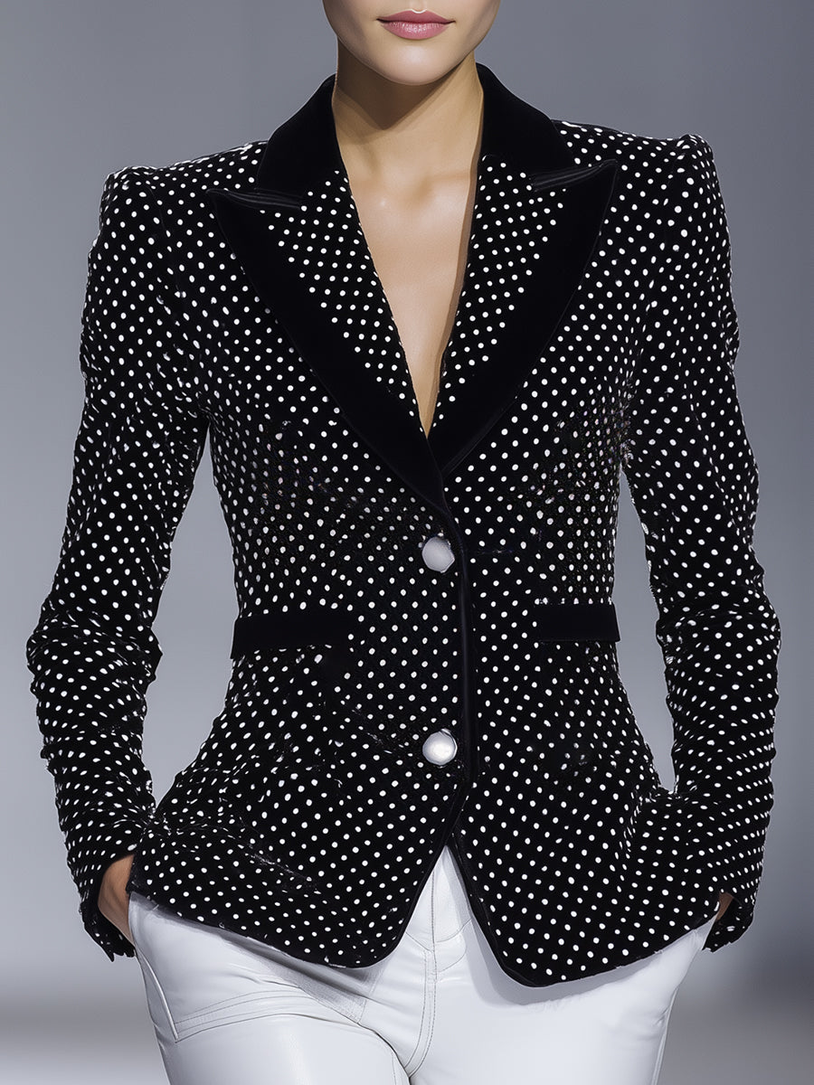 Veste en Velours Noir à Pois Blancs Chic