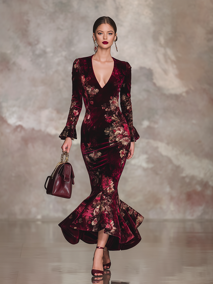Robe Maxi Vintage en Velours Floral à Manches Longues et Décolleté en V
