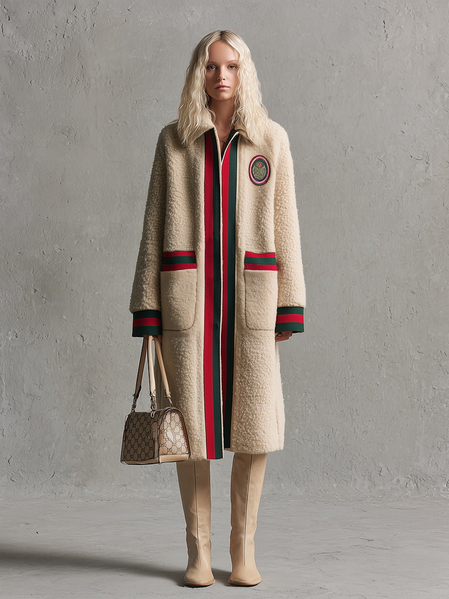 Élégant Manteau Beige en Fausse Laine de Mouton avec Col Chic