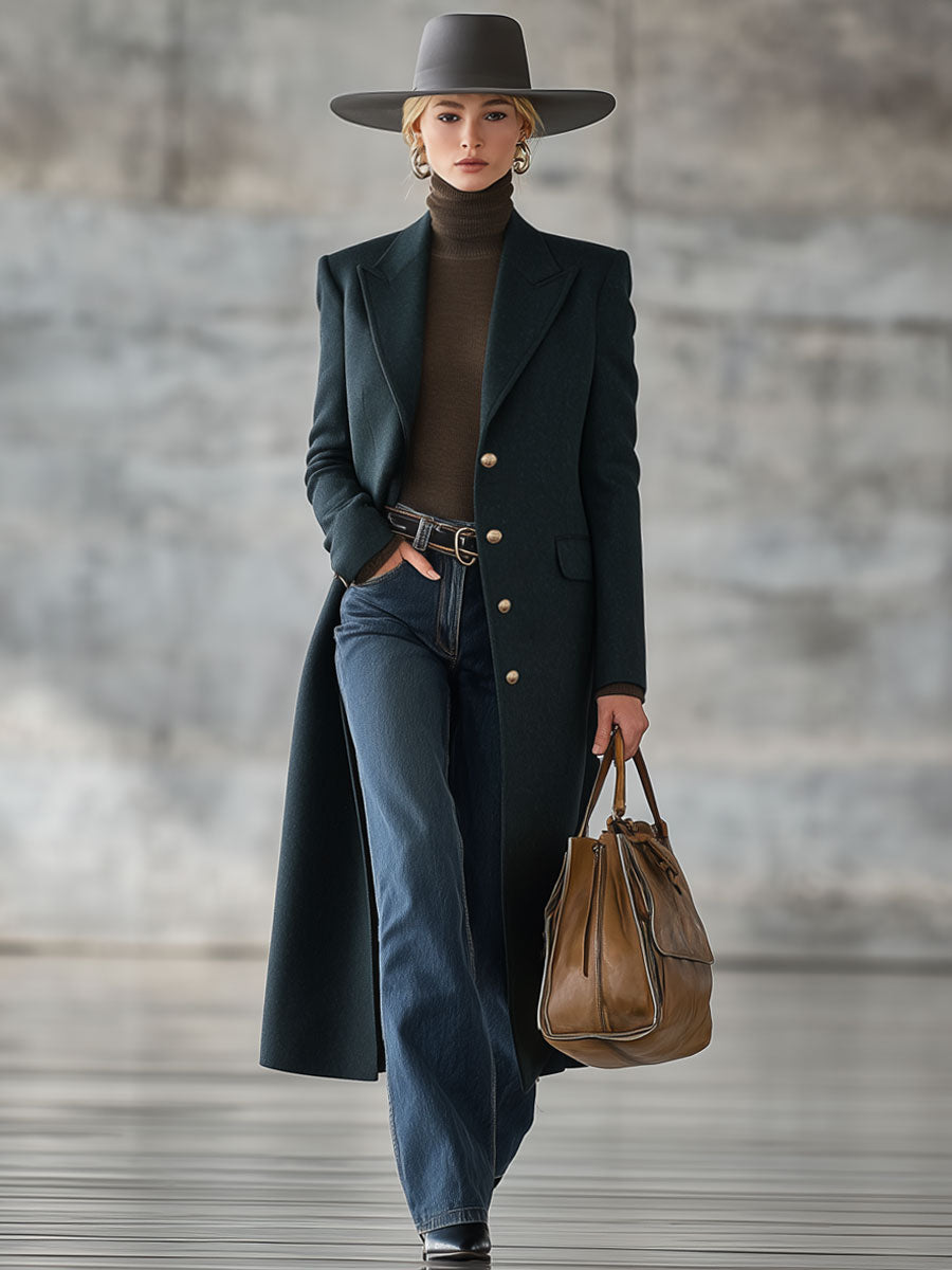 Veste Longue en Laine Verte Foncé au Style Rétro Décontracté