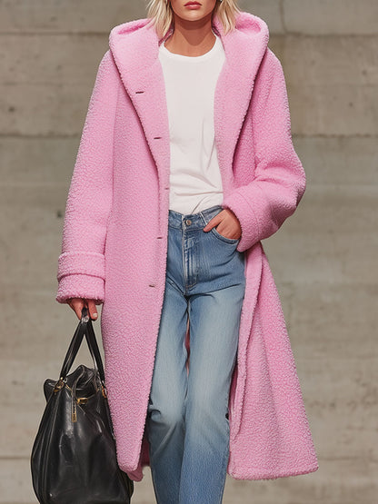 Veste polaire rose à capuche avec double poche et fermeture à boutons