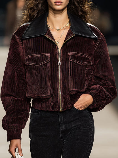 Veste zippée en velours côtelé avec col carré en cuir synthétique