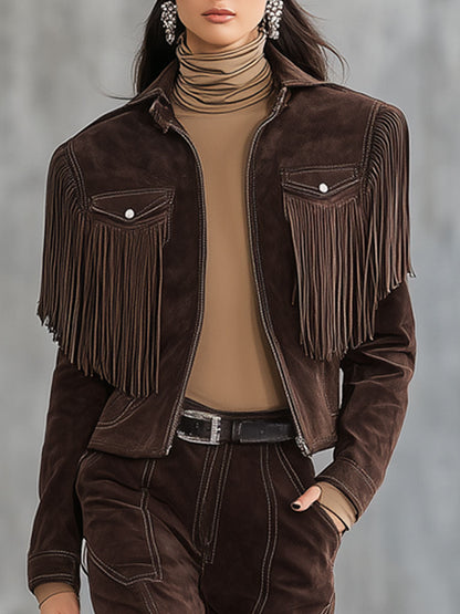Ensemble Vintage Western en Suédine Cocoa Marron avec Veste à Franges et Pantalon Droit