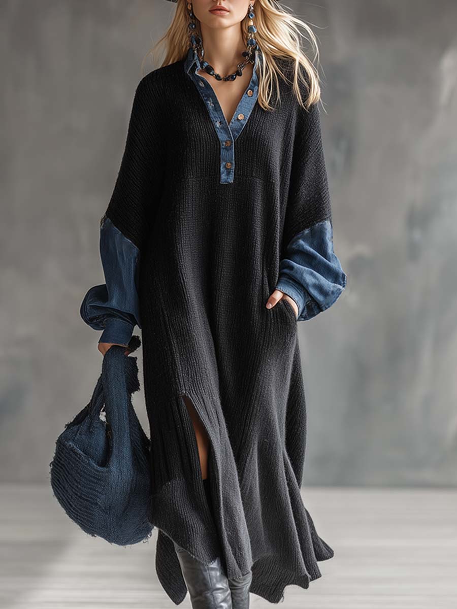Maxi Robe Tricot Noir avec Accent Denim