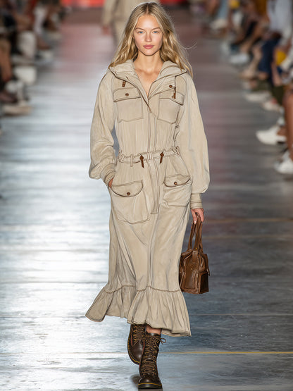 Maxi Robe Décontractée à Capuche en Kaki Clair avec Surpiqûres Rétro et Poches Pratiques