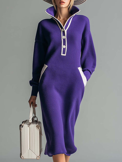 Élégante Robe Midi Tricotée Violet à Col Montant avec Détails Boutonnés