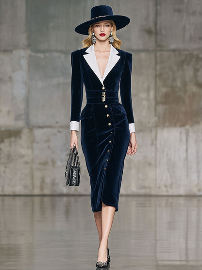 Robe Midi Velours Bleu Élégante au Style Rétro avec Col Contrastant et Ceinture