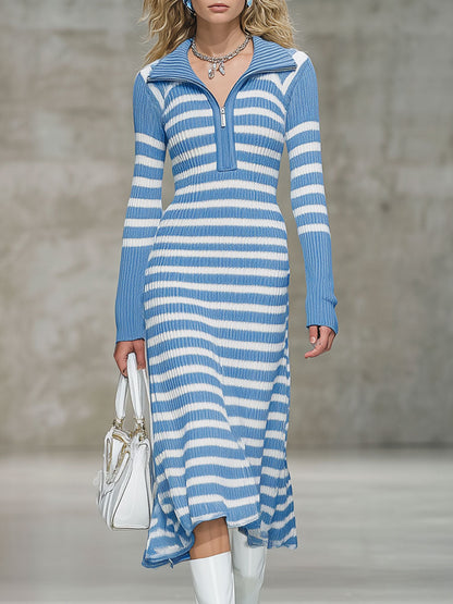 Robe Midi Rayée Rétro en Tricot Bleu et Blanc avec Zip Partiel