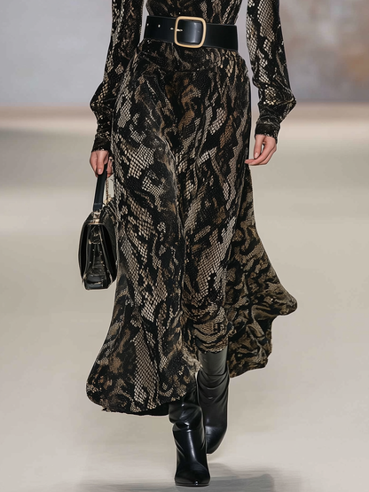 Maxi Velour Snake Print Dress with High Collar and Long Sleeves – Stylish and Alluring